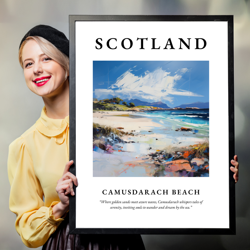 Person holding a poster of Camusdarach Beach