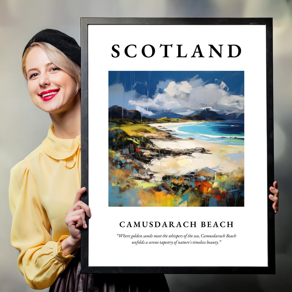 Person holding a poster of Camusdarach Beach