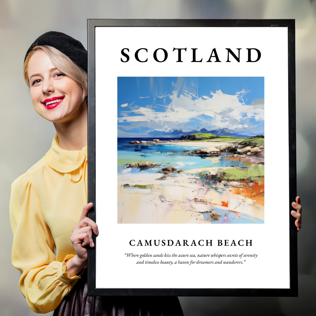 Person holding a poster of Camusdarach Beach