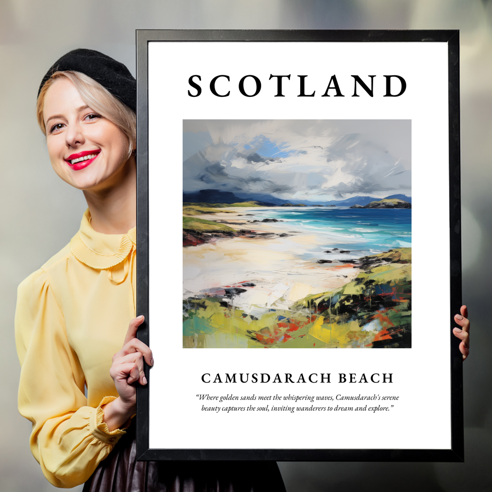 Person holding a poster of Camusdarach Beach