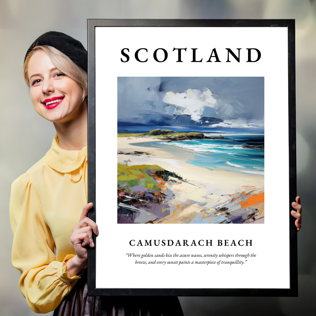 Person holding a poster of Camusdarach Beach