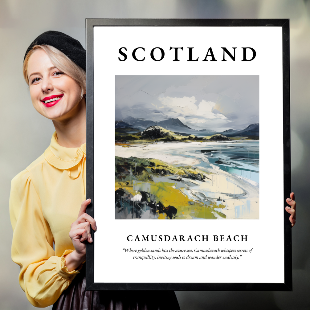 Person holding a poster of Camusdarach Beach