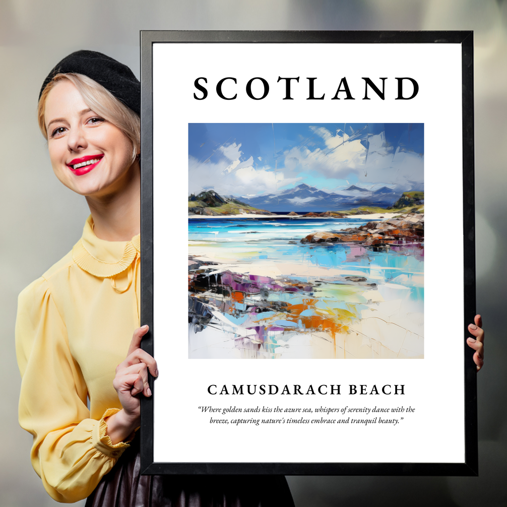 Person holding a poster of Camusdarach Beach