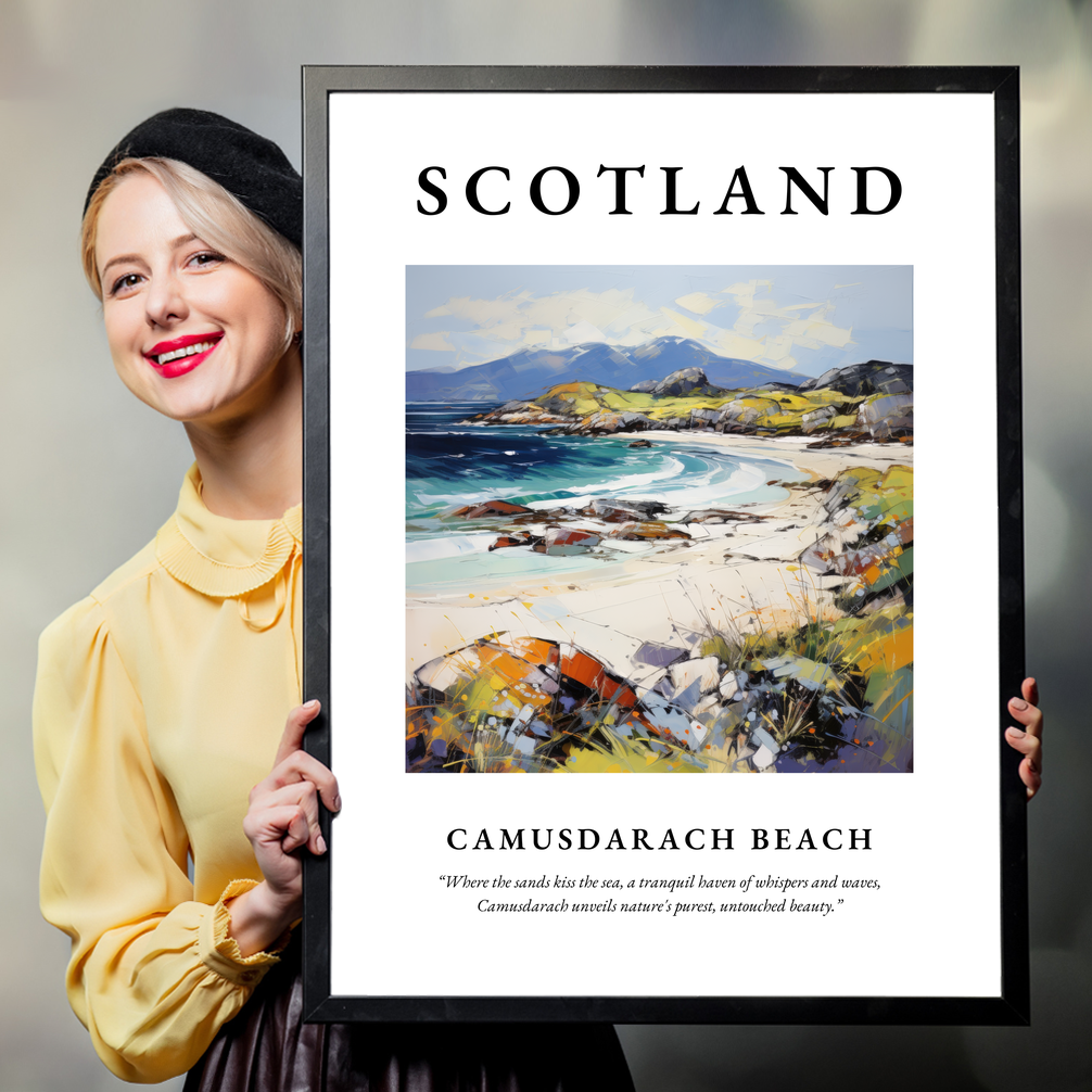 Person holding a poster of Camusdarach Beach