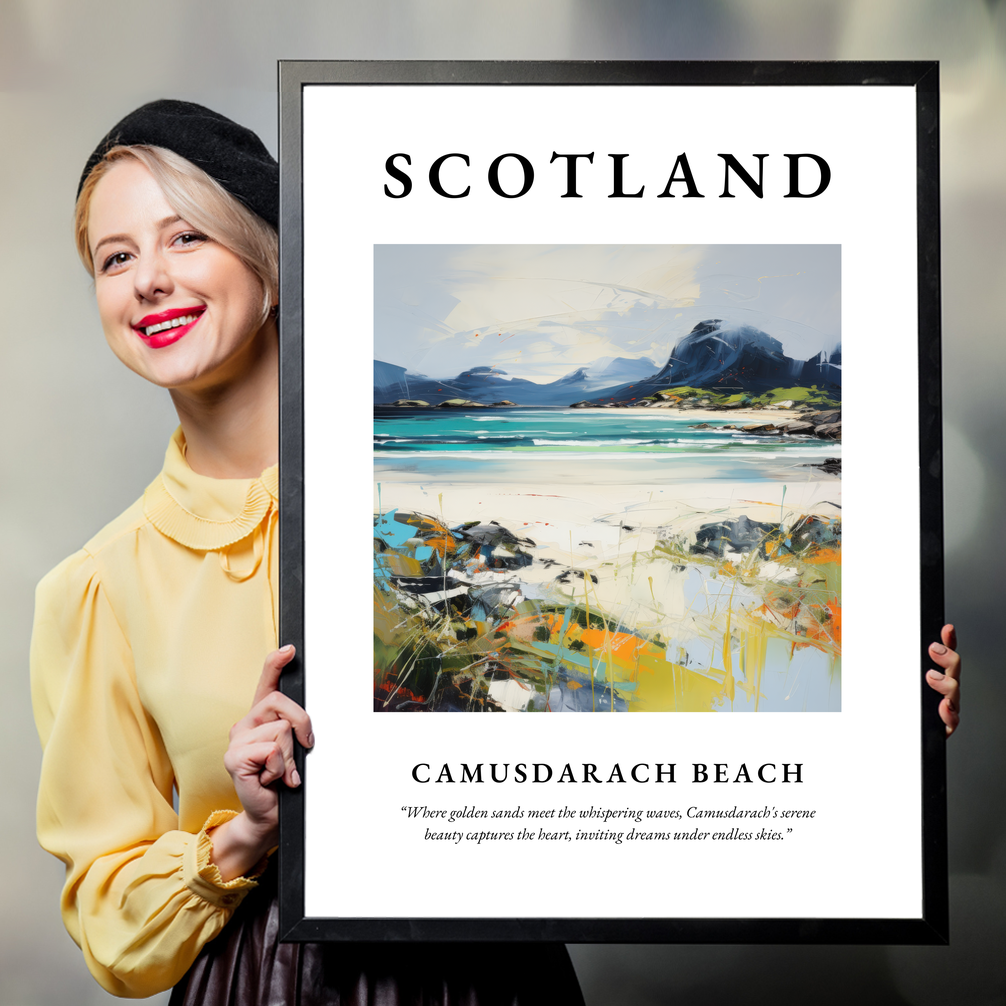 Person holding a poster of Camusdarach Beach