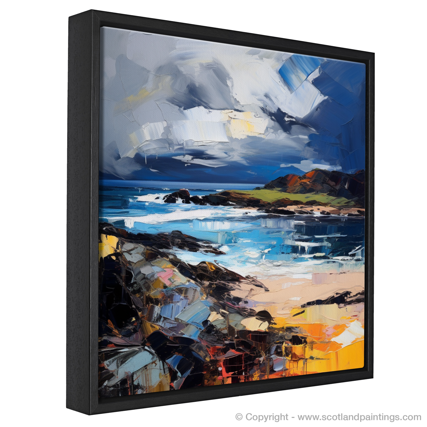 Painting and Art Print of Ardalanish Bay with a stormy sky entitled "Stormy Ardalanish: An Expressionist Ode to Scottish Coves".