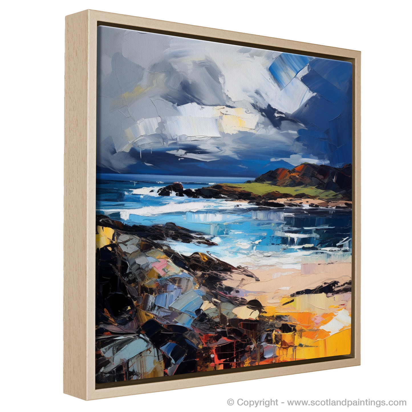 Painting and Art Print of Ardalanish Bay with a stormy sky entitled "Stormy Ardalanish: An Expressionist Ode to Scottish Coves".