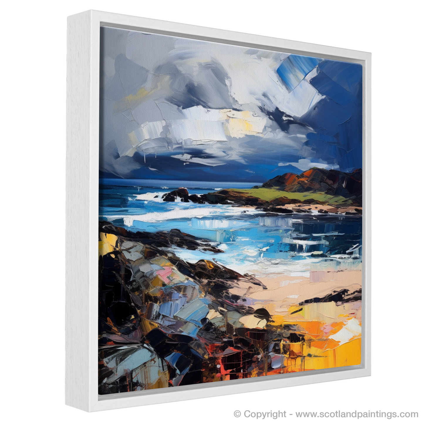 Painting and Art Print of Ardalanish Bay with a stormy sky entitled "Stormy Ardalanish: An Expressionist Ode to Scottish Coves".