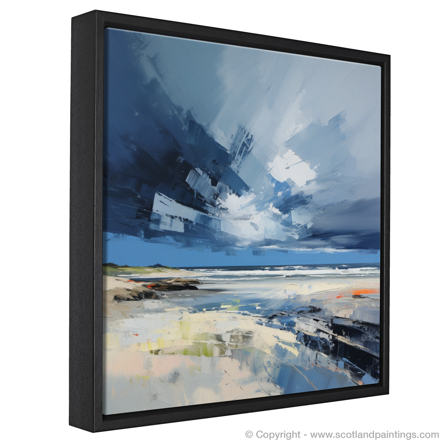 Painting and Art Print of St Cyrus Beach with a stormy sky entitled "Storm's Embrace: The Enigmatic Beauty of St Cyrus Beach".