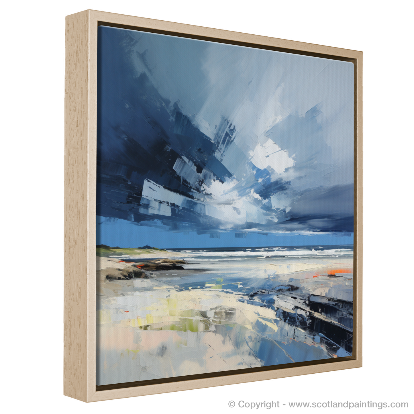 Painting and Art Print of St Cyrus Beach with a stormy sky entitled "Storm's Embrace: The Enigmatic Beauty of St Cyrus Beach".