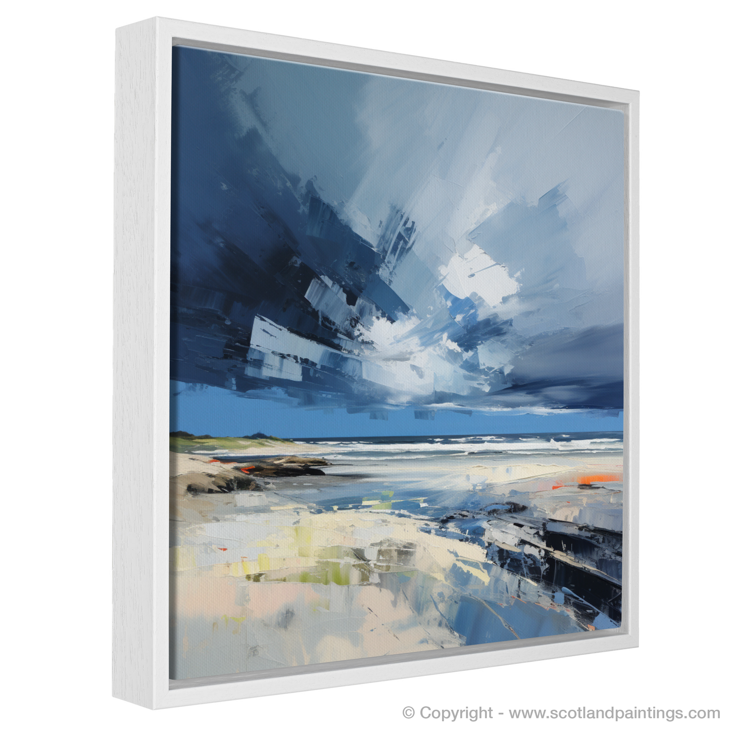 Painting and Art Print of St Cyrus Beach with a stormy sky entitled "Storm's Embrace: The Enigmatic Beauty of St Cyrus Beach".