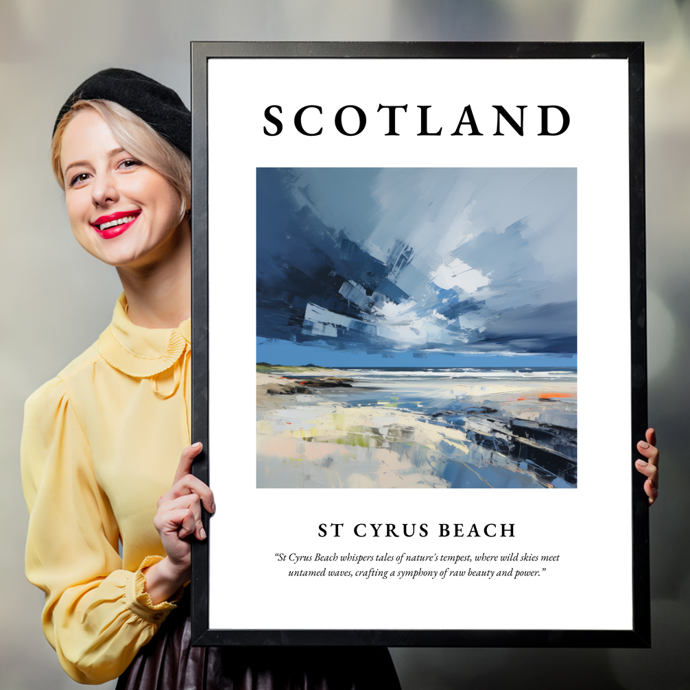 Person holding a poster of St Cyrus Beach