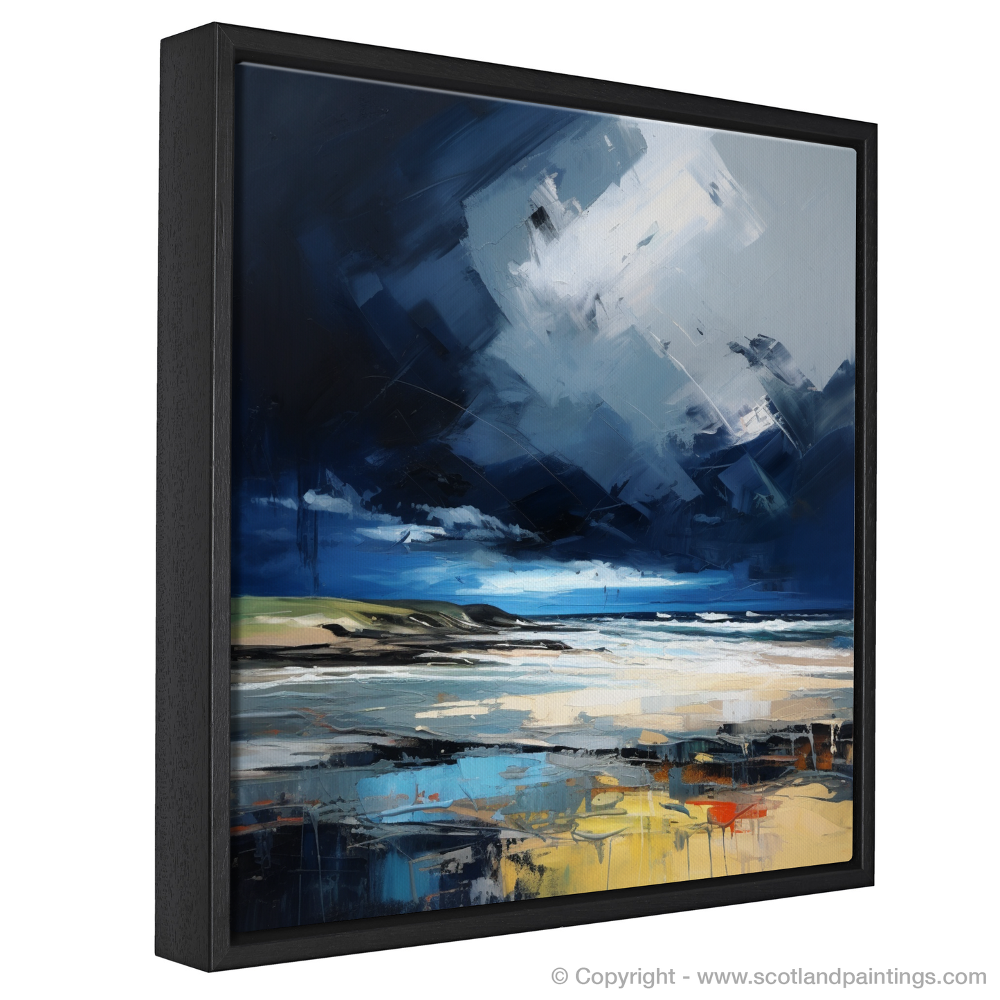 Painting and Art Print of St Cyrus Beach with a stormy sky entitled "Storm's Embrace: The Evocative Energy of St Cyrus Beach".