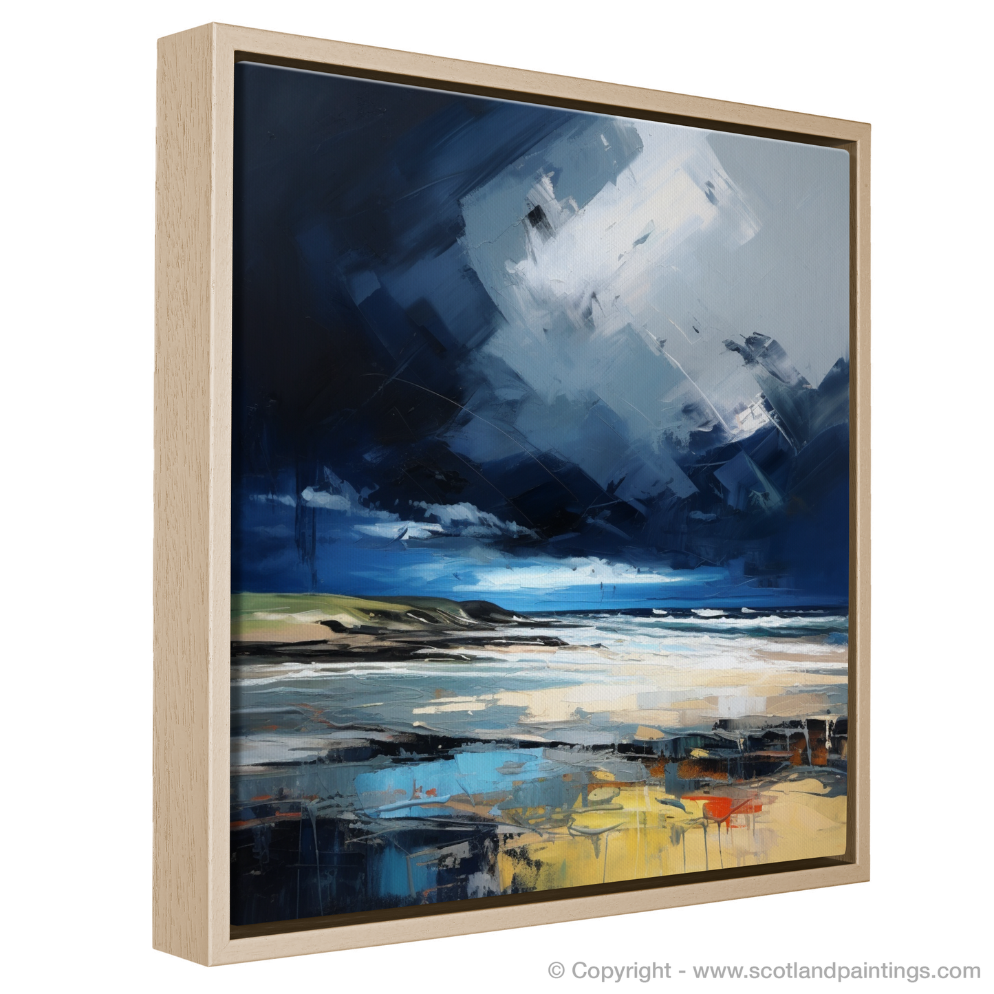 Painting and Art Print of St Cyrus Beach with a stormy sky entitled "Storm's Embrace: The Evocative Energy of St Cyrus Beach".