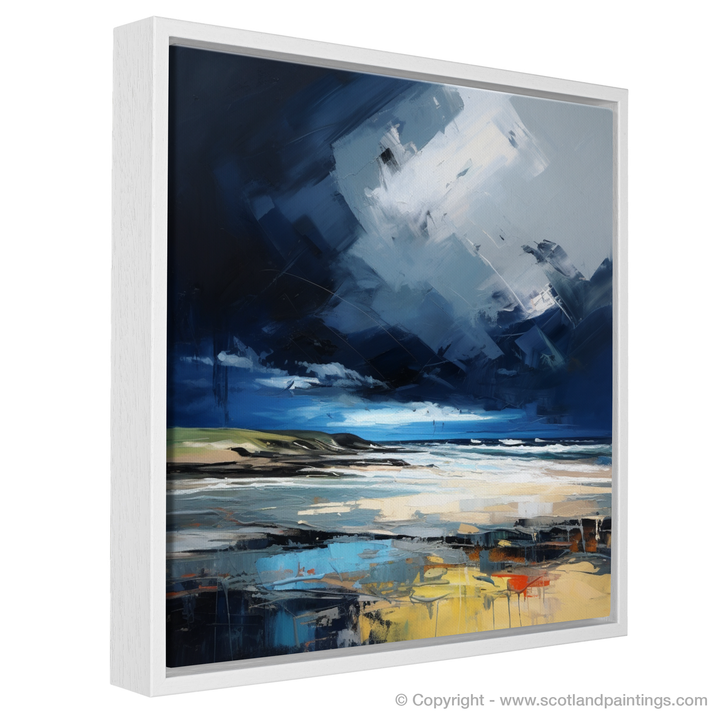 Painting and Art Print of St Cyrus Beach with a stormy sky entitled "Storm's Embrace: The Evocative Energy of St Cyrus Beach".