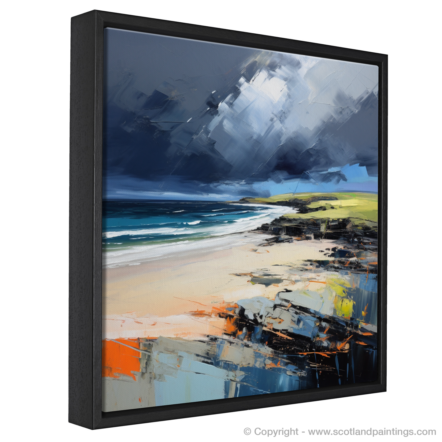 Painting and Art Print of St Cyrus Beach with a stormy sky entitled "Storm's Embrace at St Cyrus Beach".