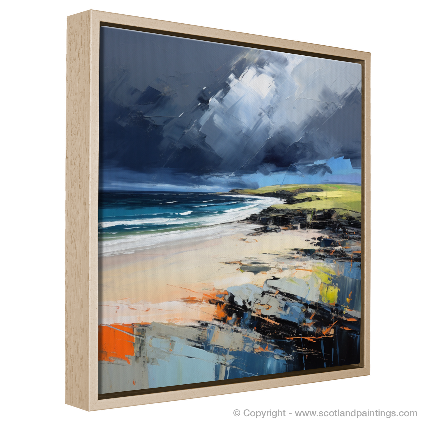 Painting and Art Print of St Cyrus Beach with a stormy sky entitled "Storm's Embrace at St Cyrus Beach".