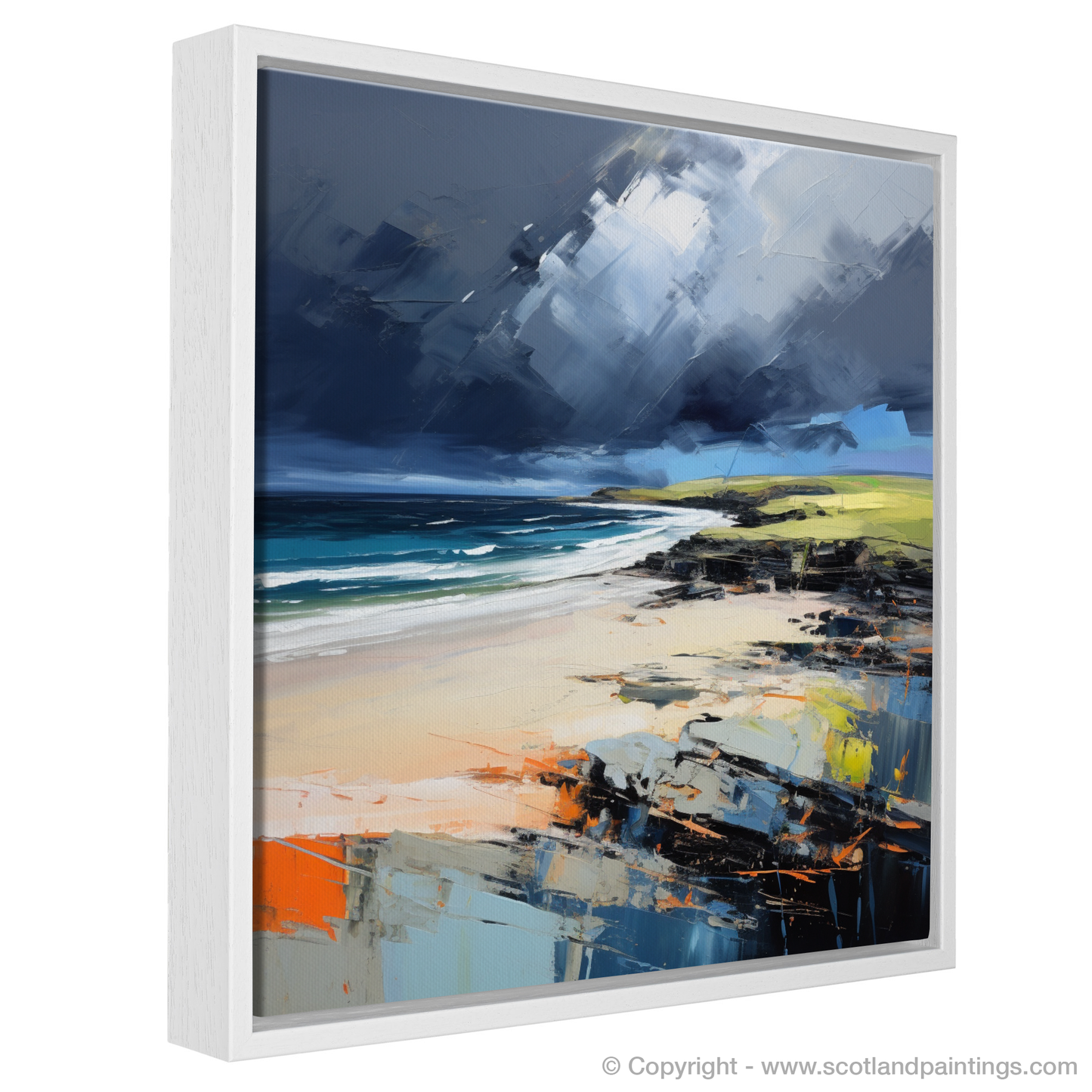 Painting and Art Print of St Cyrus Beach with a stormy sky entitled "Storm's Embrace at St Cyrus Beach".