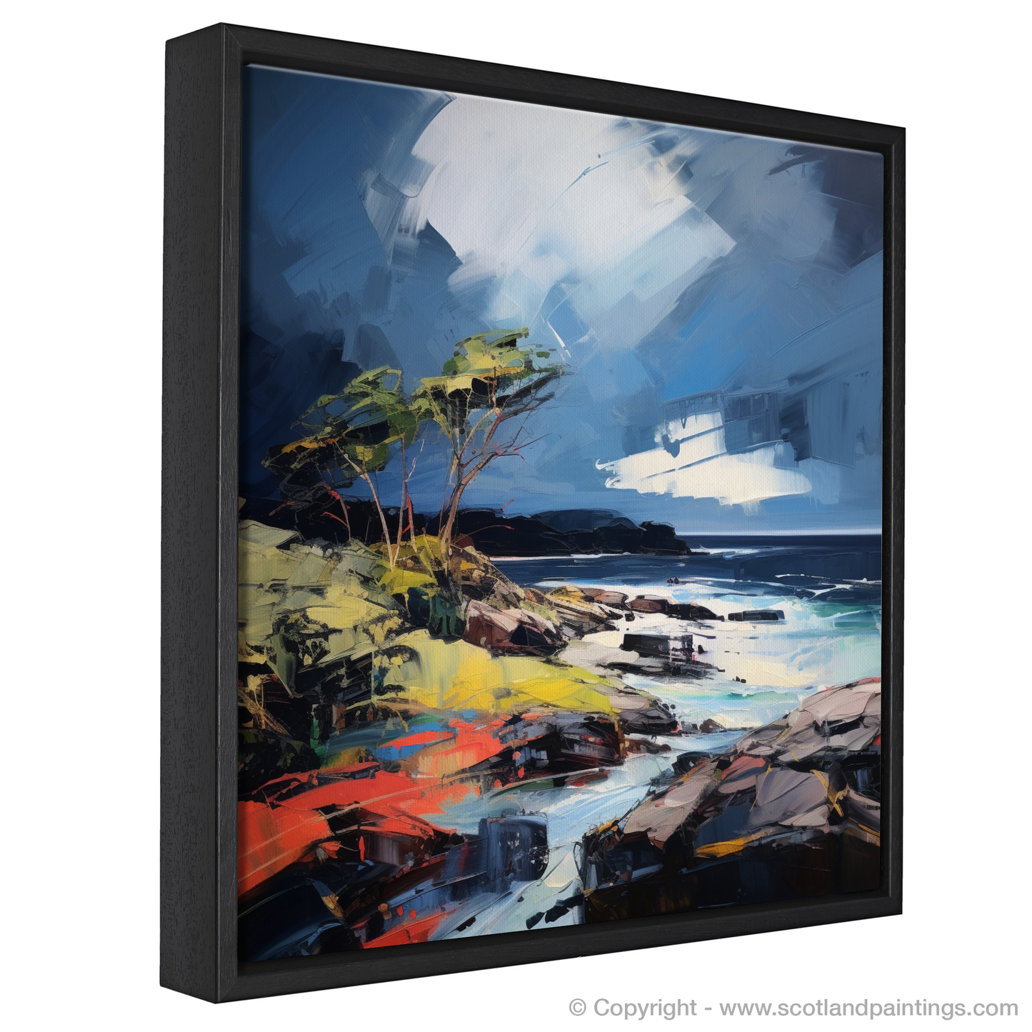 Painting and Art Print of Ardtun Bay with a stormy sky entitled "Tempestuous Ardtun Bay: An Expressionist Ode to Scottish Coves".