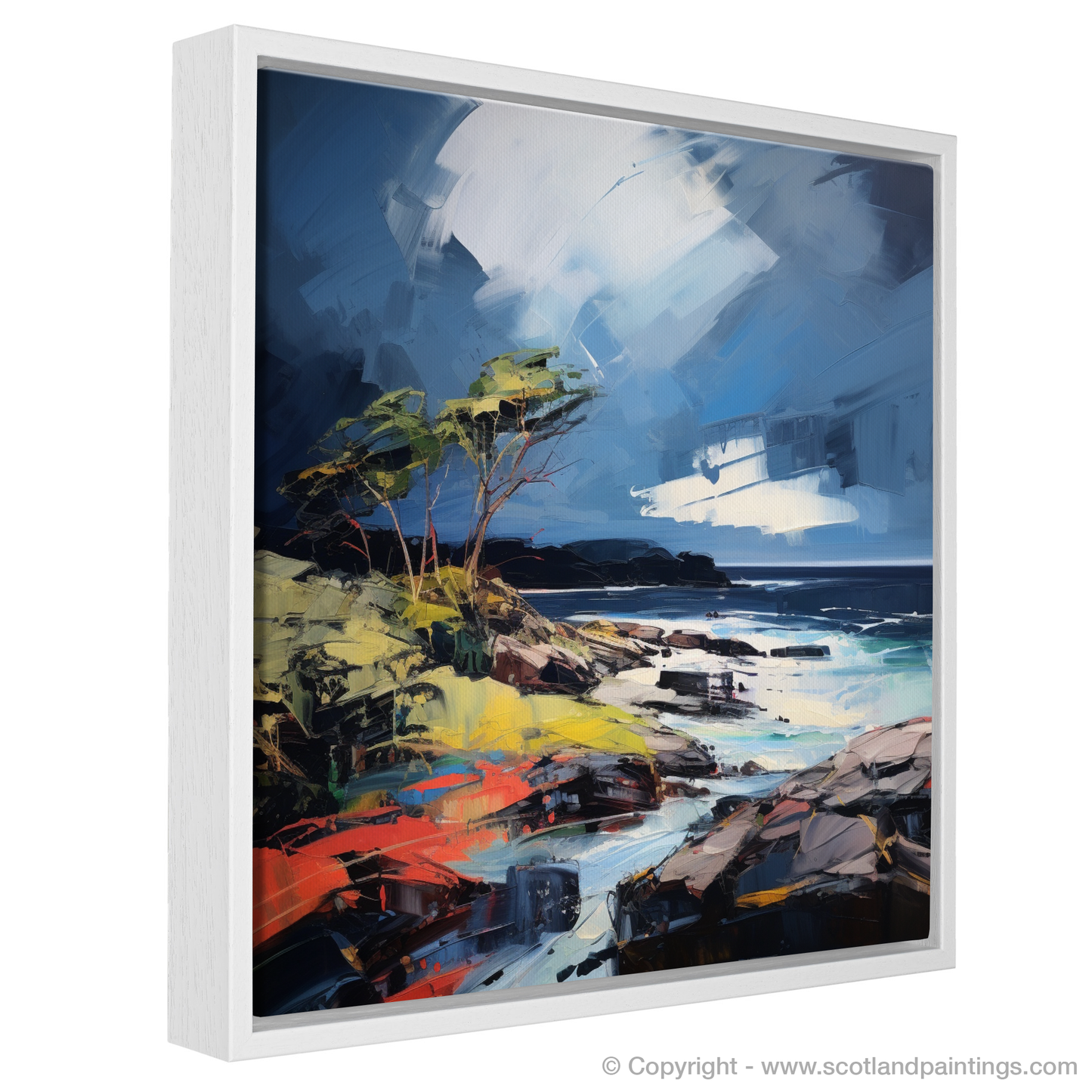 Painting and Art Print of Ardtun Bay with a stormy sky entitled "Tempestuous Ardtun Bay: An Expressionist Ode to Scottish Coves".