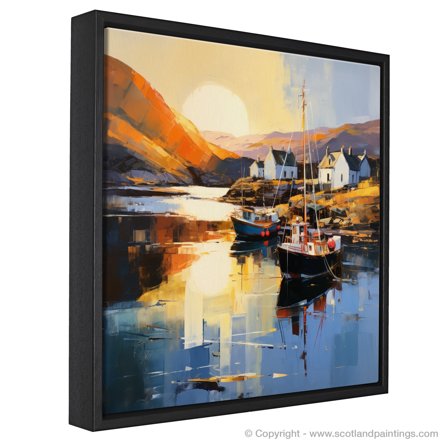 Painting and Art Print of Lochranza Harbour at golden hour. Golden Hour Embrace at Lochranza Harbour.