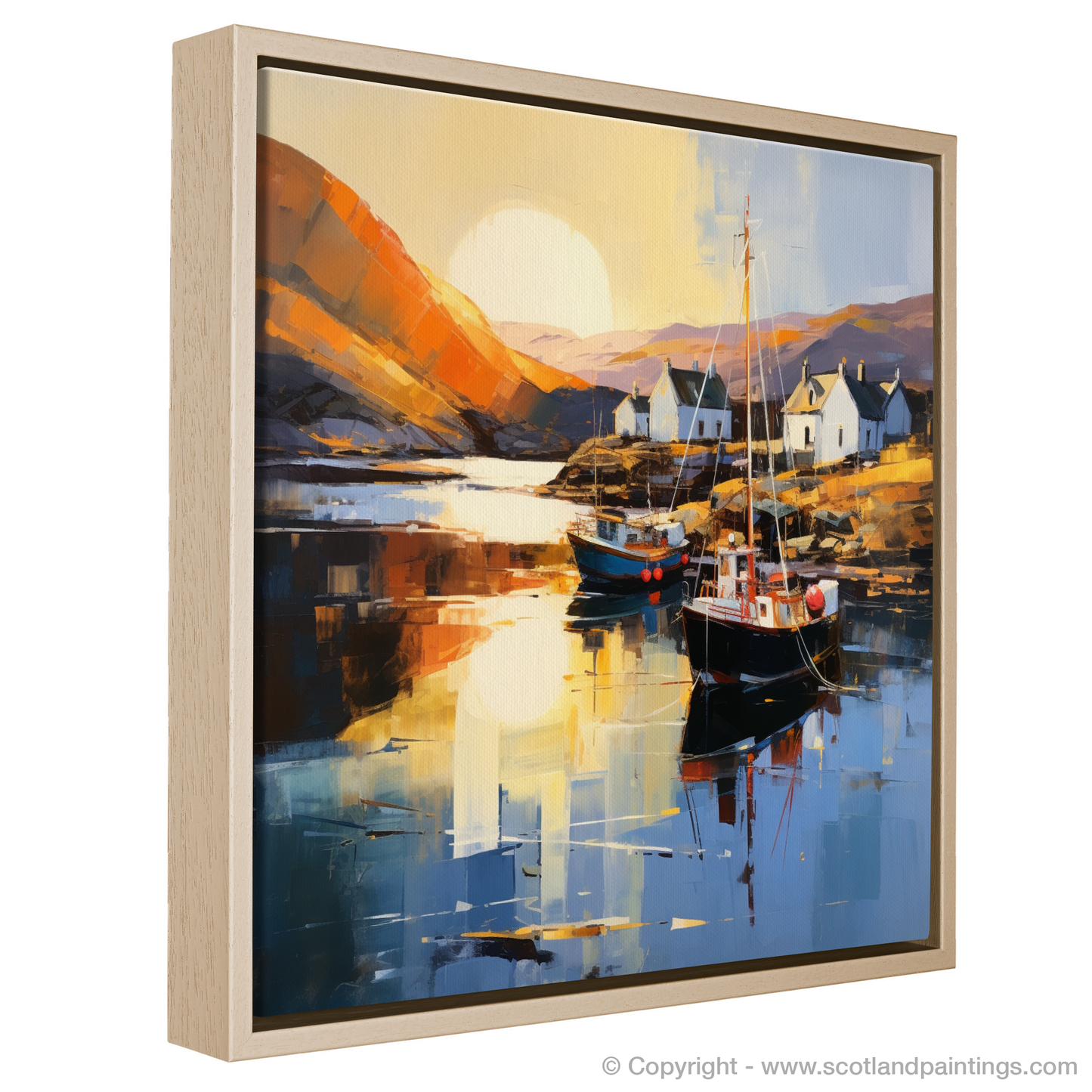 Painting and Art Print of Lochranza Harbour at golden hour. Golden Hour Embrace at Lochranza Harbour.