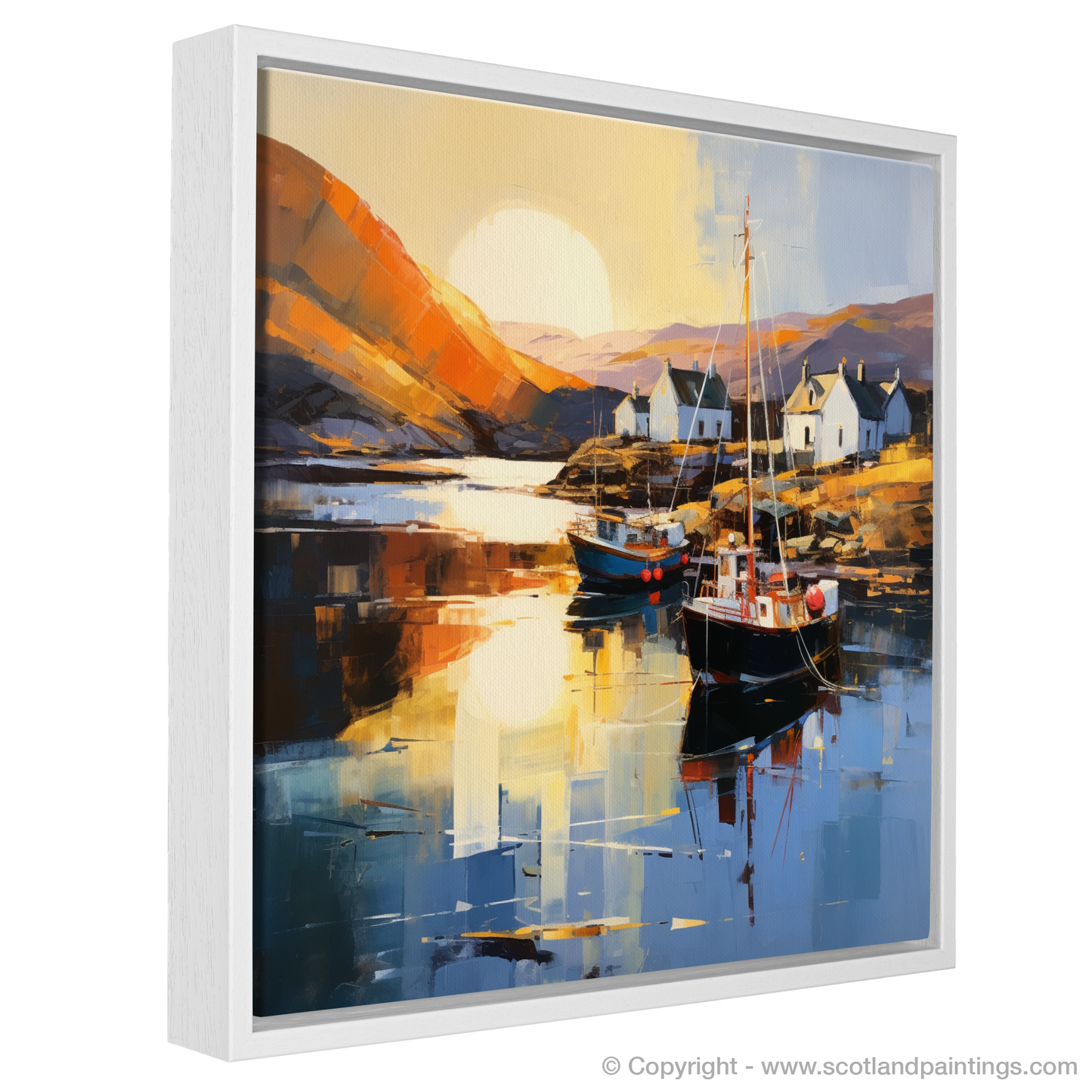 Painting and Art Print of Lochranza Harbour at golden hour. Golden Hour Embrace at Lochranza Harbour.