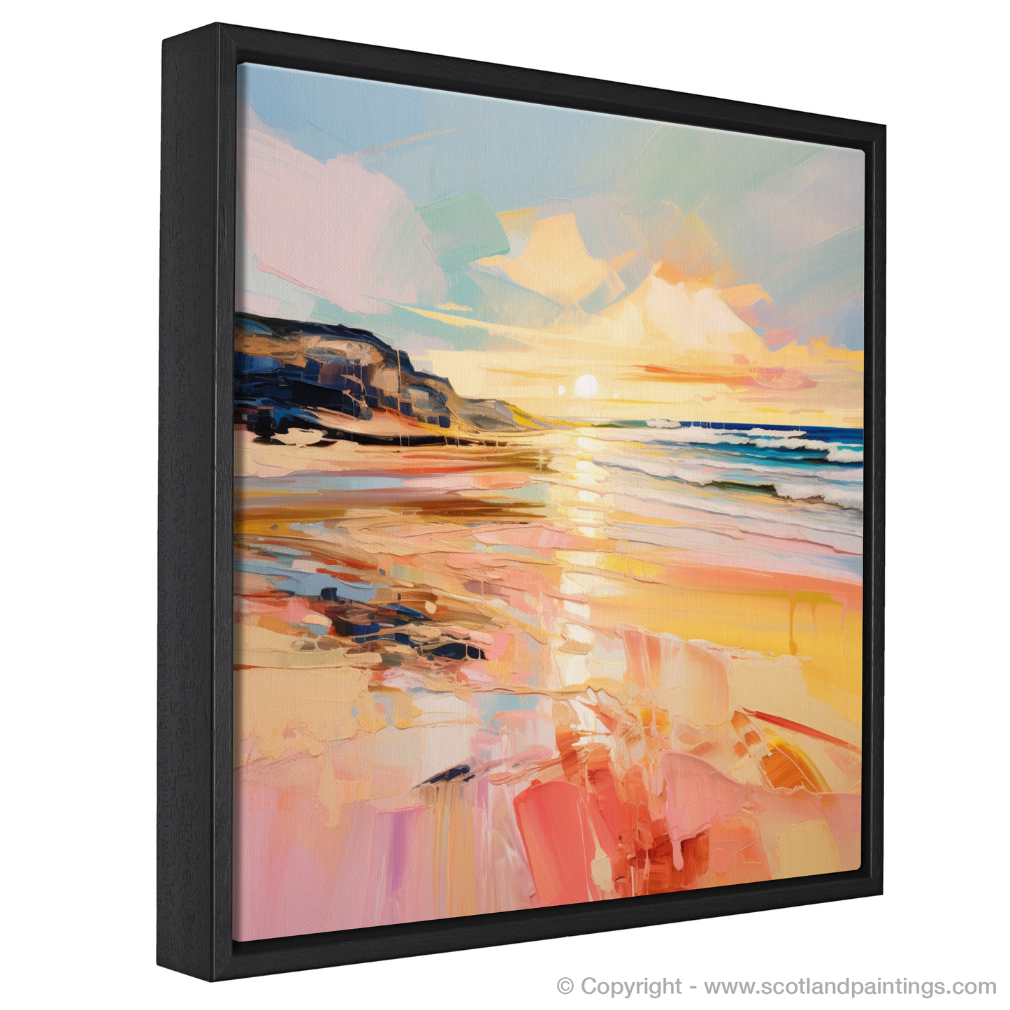 Painting and Art Print of Balmedie Beach at golden hour entitled "Golden Hour Embrace at Balmedie Beach".