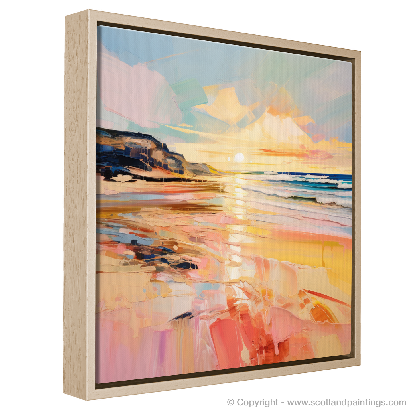 Painting and Art Print of Balmedie Beach at golden hour entitled "Golden Hour Embrace at Balmedie Beach".