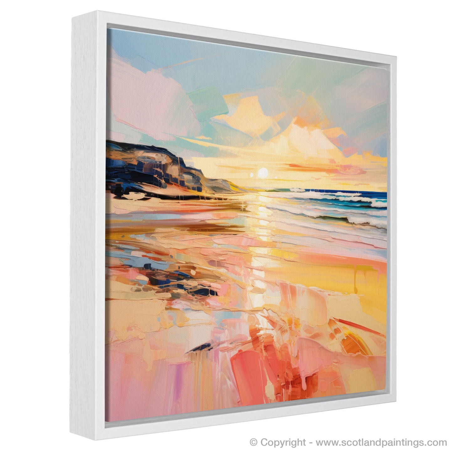 Painting and Art Print of Balmedie Beach at golden hour entitled "Golden Hour Embrace at Balmedie Beach".