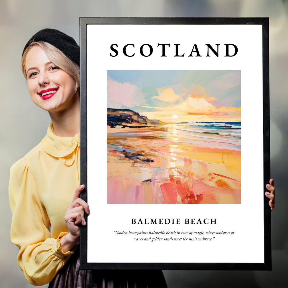 Person holding a poster of Balmedie Beach