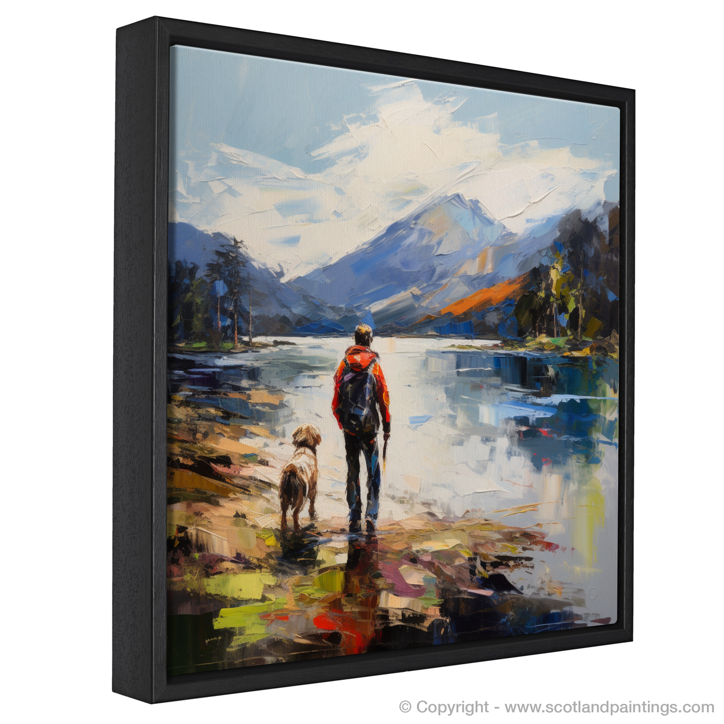 Painting and Art Print of A man walking dog at the side of Loch Lomond entitled "Walking with a Friend by Loch Lomond - An Expressionist Journey".