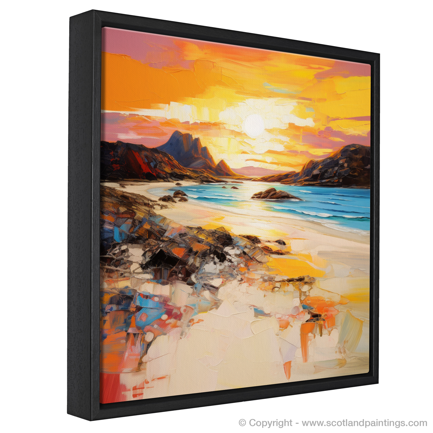 Painting and Art Print of Achmelvich Beach at golden hour entitled "Golden Hour Embrace at Achmelvich Beach".