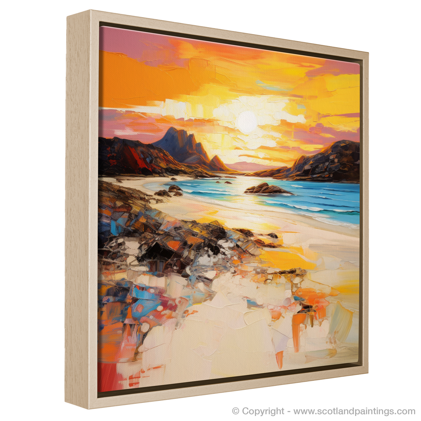 Painting and Art Print of Achmelvich Beach at golden hour entitled "Golden Hour Embrace at Achmelvich Beach".