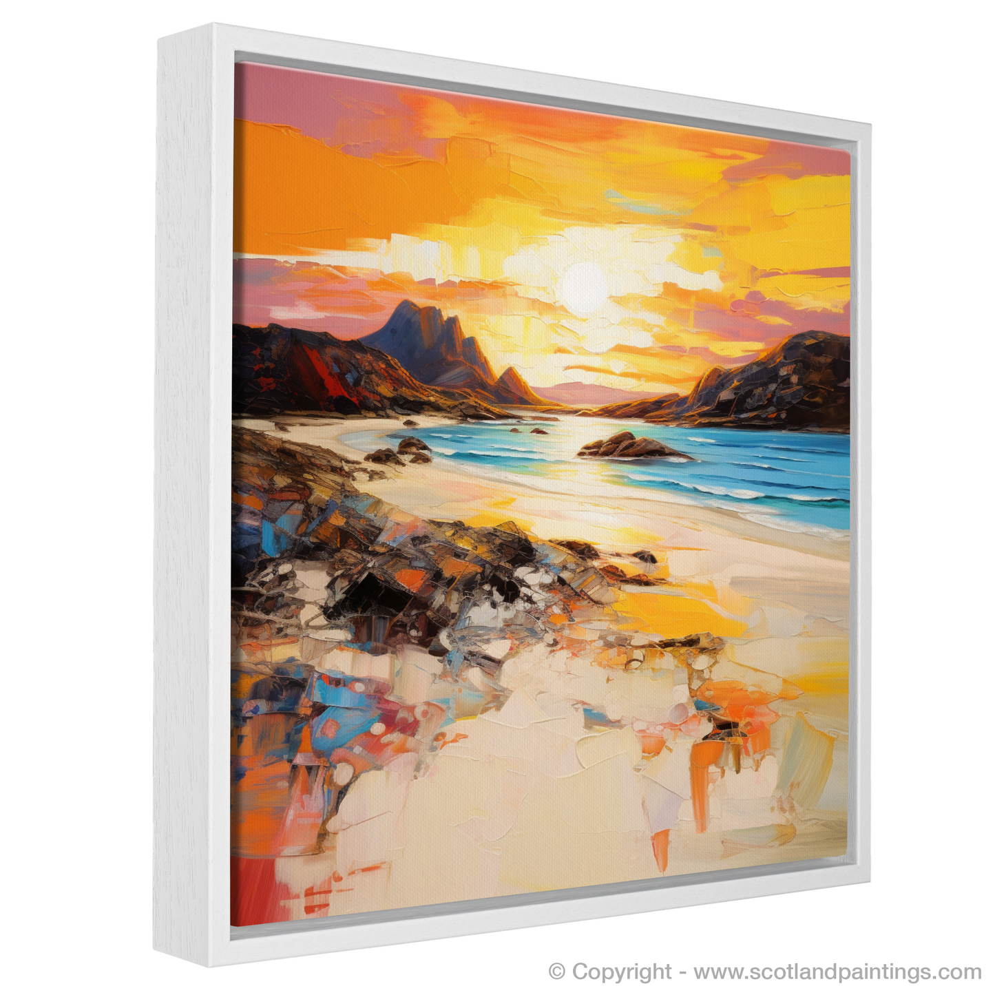 Painting and Art Print of Achmelvich Beach at golden hour entitled "Golden Hour Embrace at Achmelvich Beach".