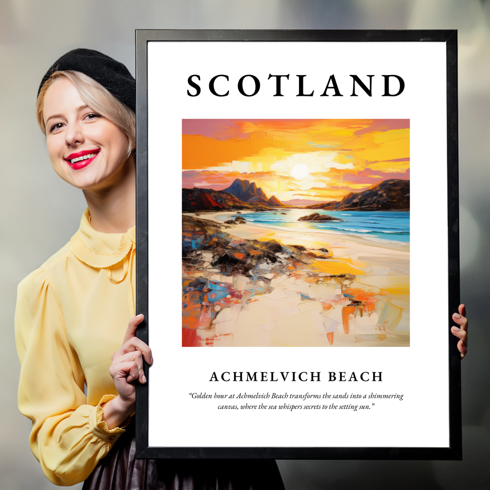 Person holding a poster of Achmelvich Beach