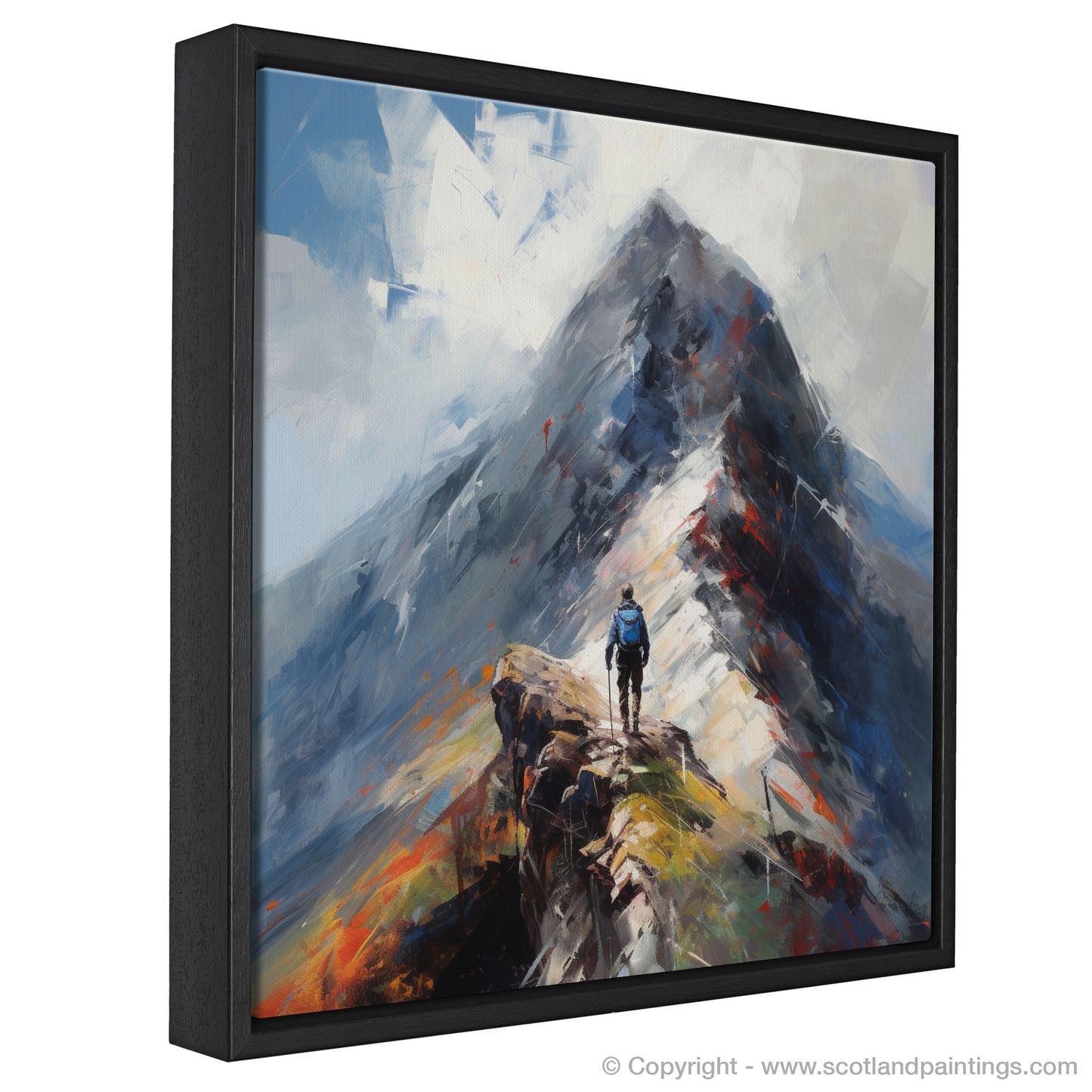 Painting and Art Print of Climber ascending misty peak in Glencoe entitled "Misty Ascent: Climber's Odyssey in Glencoe".