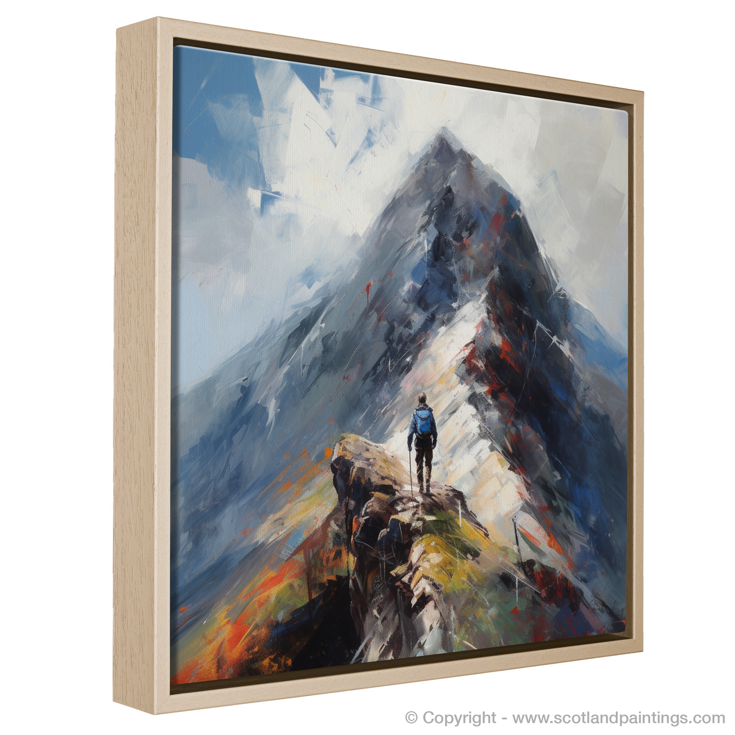 Painting and Art Print of Climber ascending misty peak in Glencoe entitled "Misty Ascent: Climber's Odyssey in Glencoe".