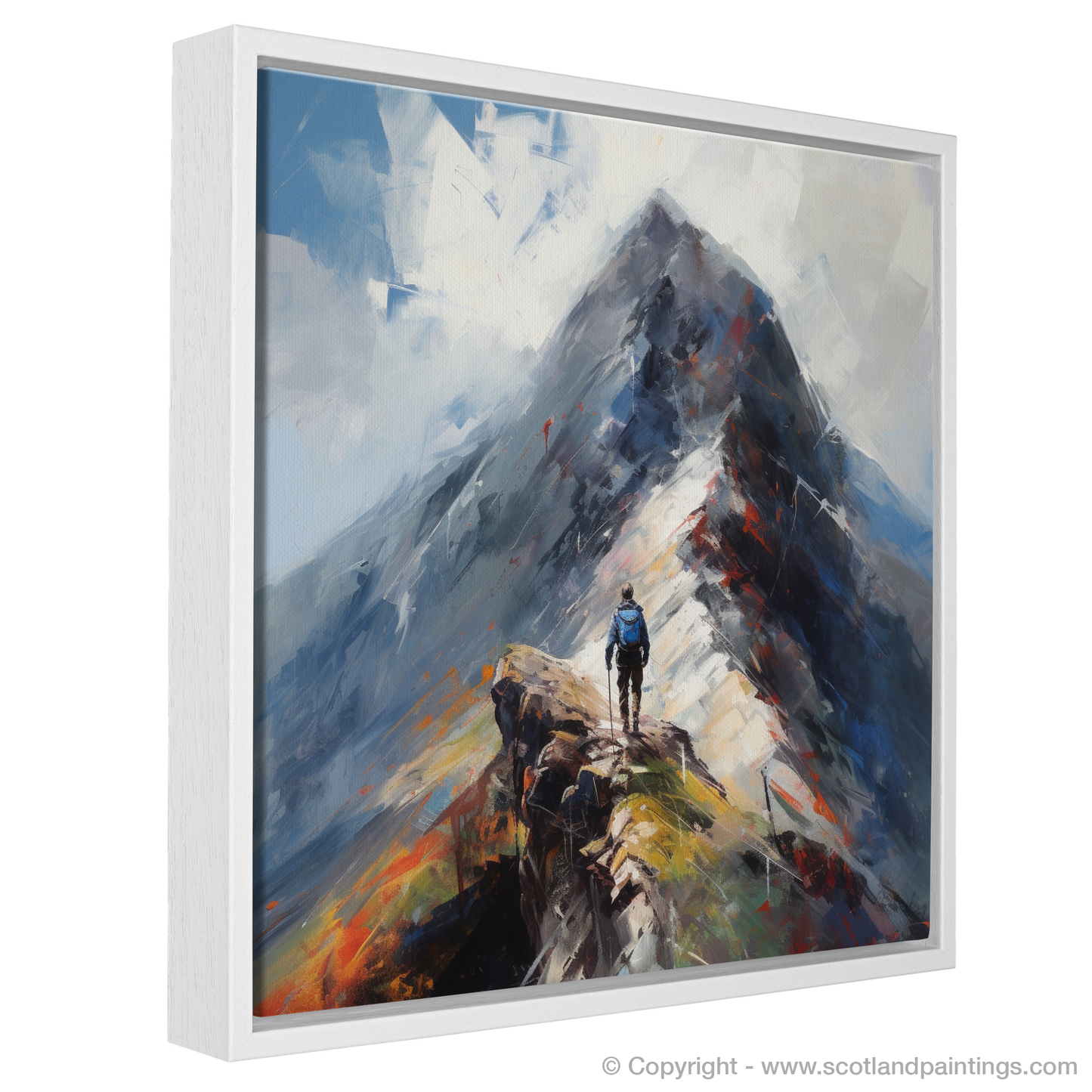 Painting and Art Print of Climber ascending misty peak in Glencoe entitled "Misty Ascent: Climber's Odyssey in Glencoe".