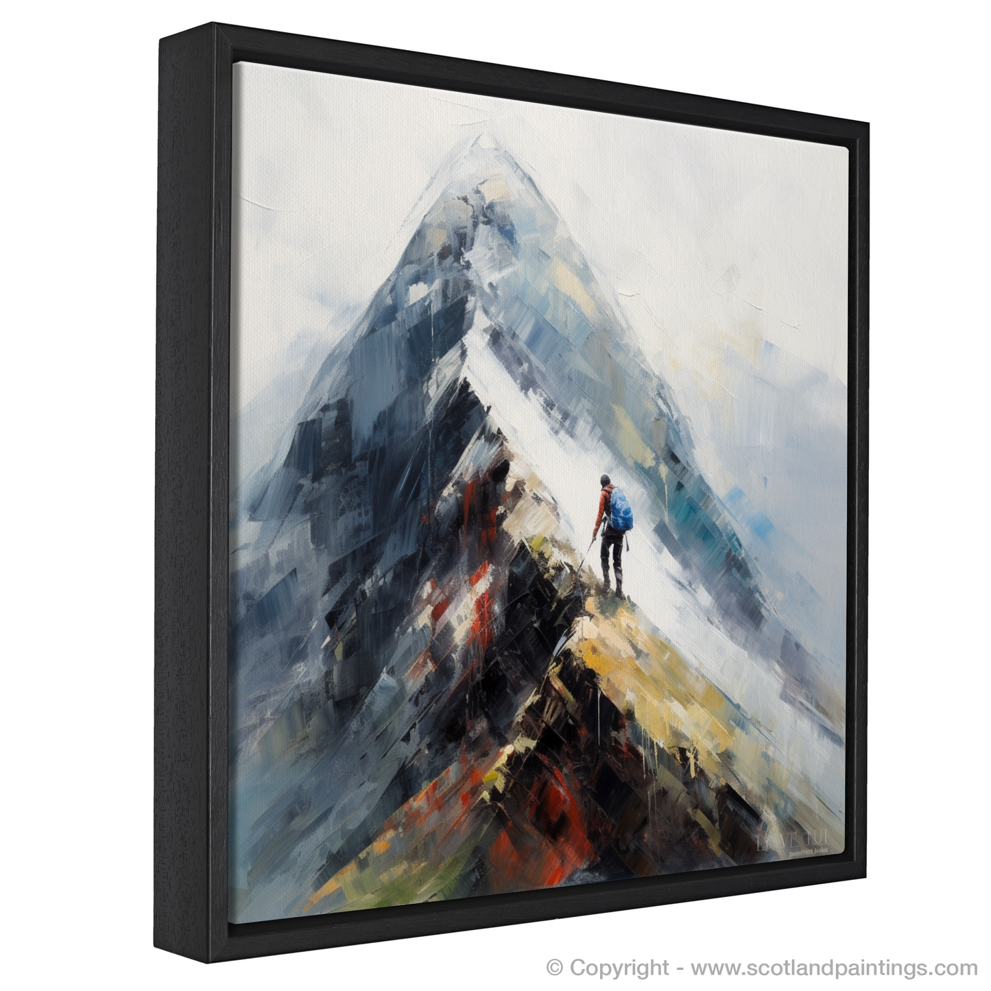 Painting and Art Print of Climber ascending misty peak in Glencoe entitled "Misty Ascent: A Climber's Quest in the Heart of Glencoe".