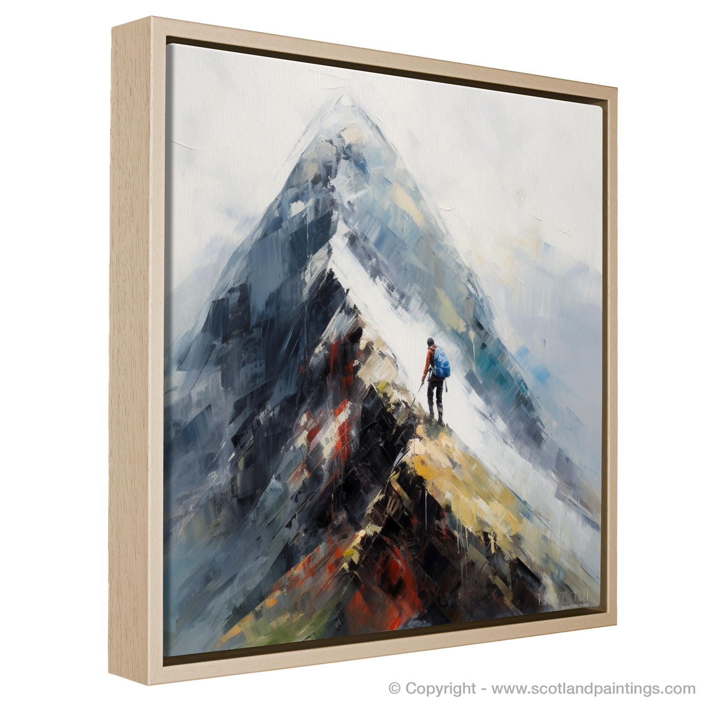 Painting and Art Print of Climber ascending misty peak in Glencoe entitled "Misty Ascent: A Climber's Quest in the Heart of Glencoe".