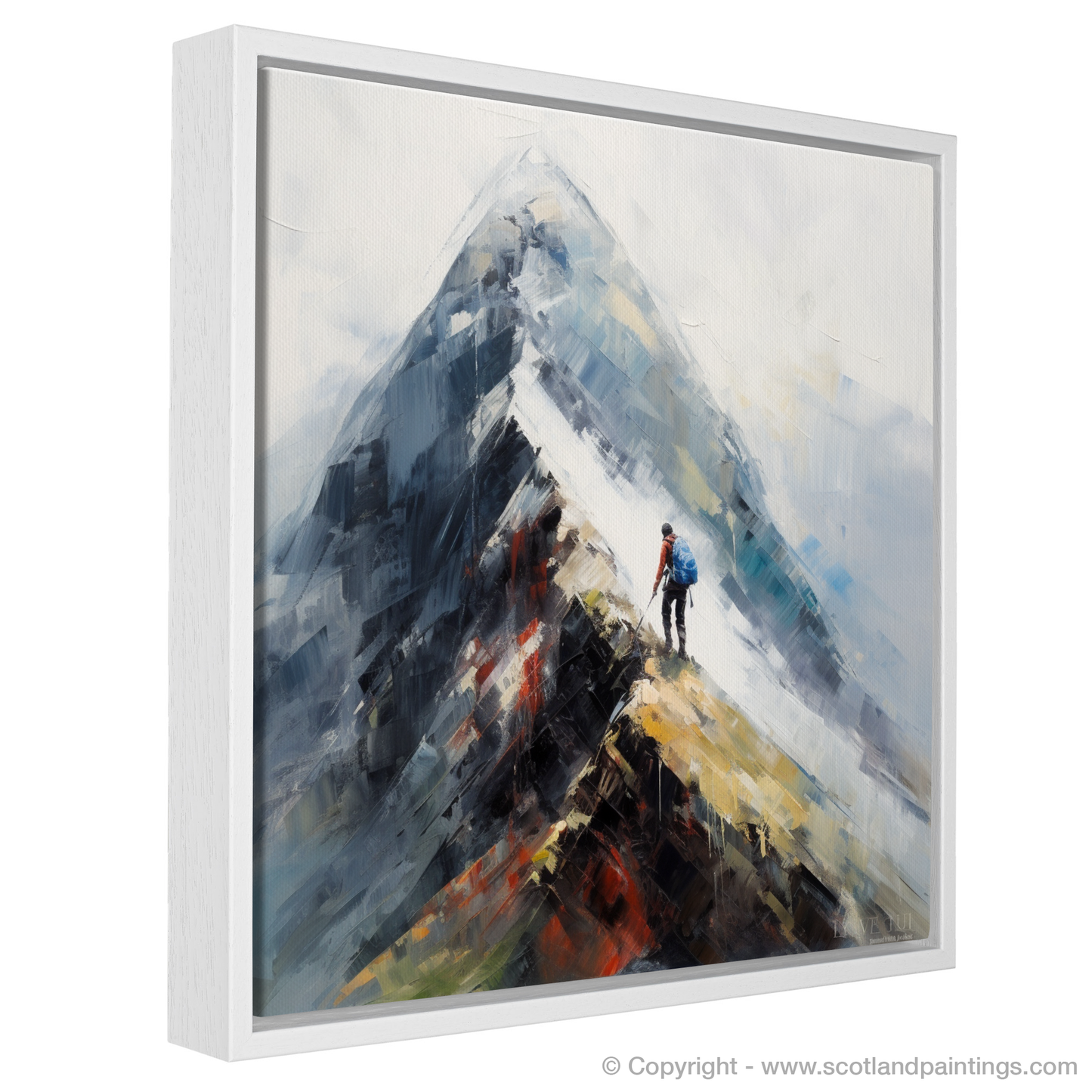 Painting and Art Print of Climber ascending misty peak in Glencoe entitled "Misty Ascent: A Climber's Quest in the Heart of Glencoe".