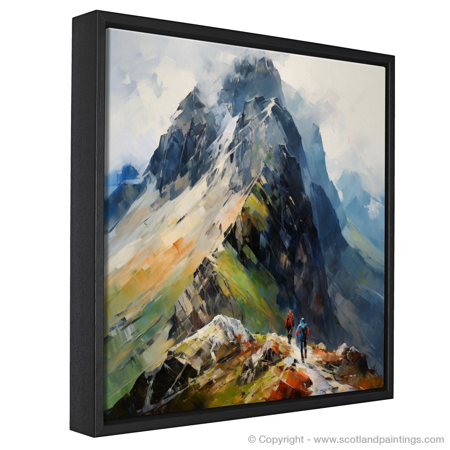 Painting and Art Print of Climber ascending misty peak in Glencoe entitled "Climber's Ascent through Misty Glencoe Peaks".