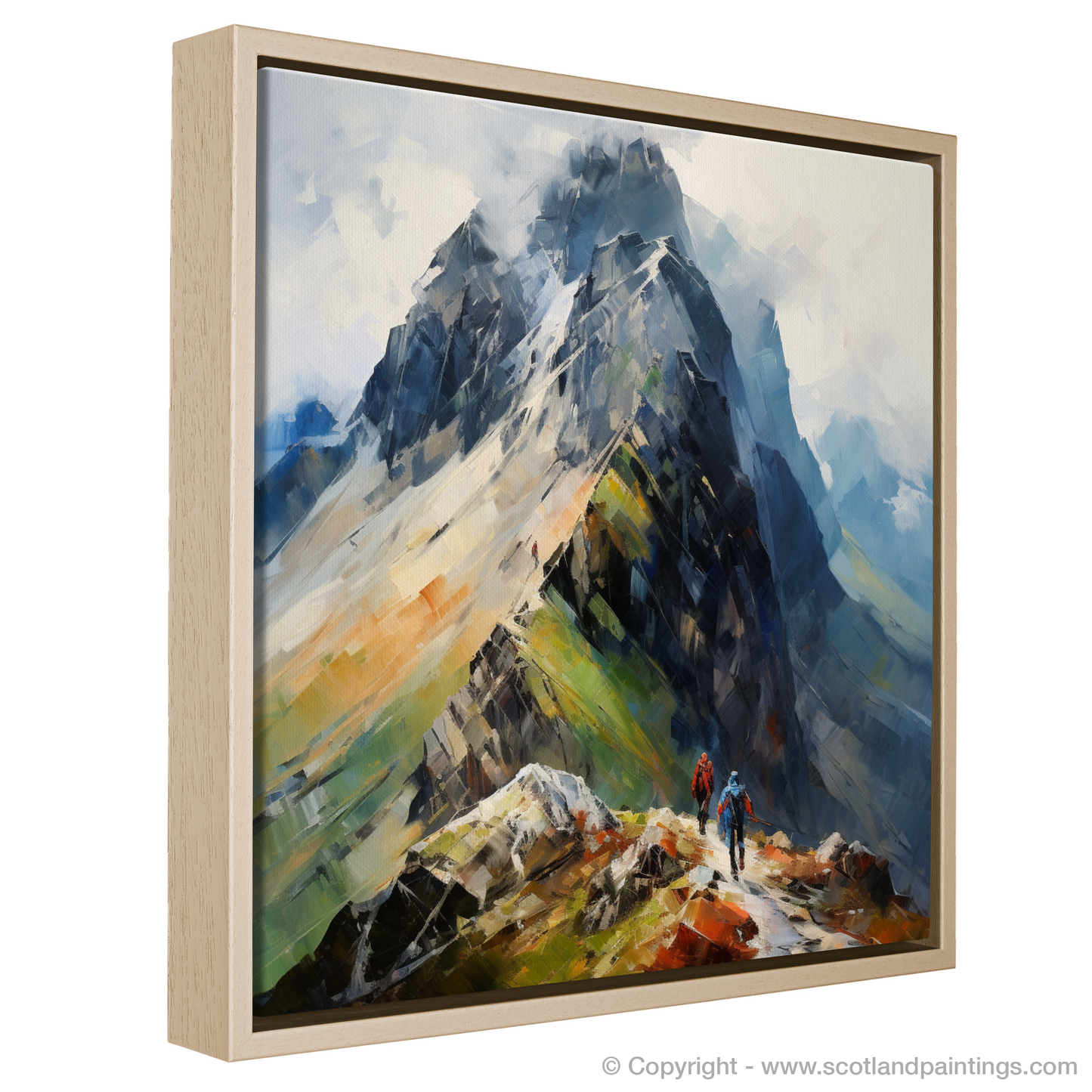 Painting and Art Print of Climber ascending misty peak in Glencoe entitled "Climber's Ascent through Misty Glencoe Peaks".