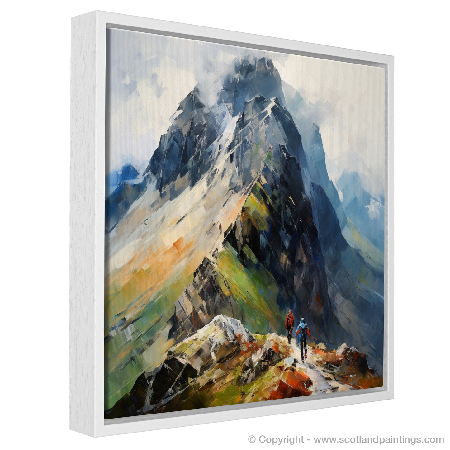 Painting and Art Print of Climber ascending misty peak in Glencoe entitled "Climber's Ascent through Misty Glencoe Peaks".