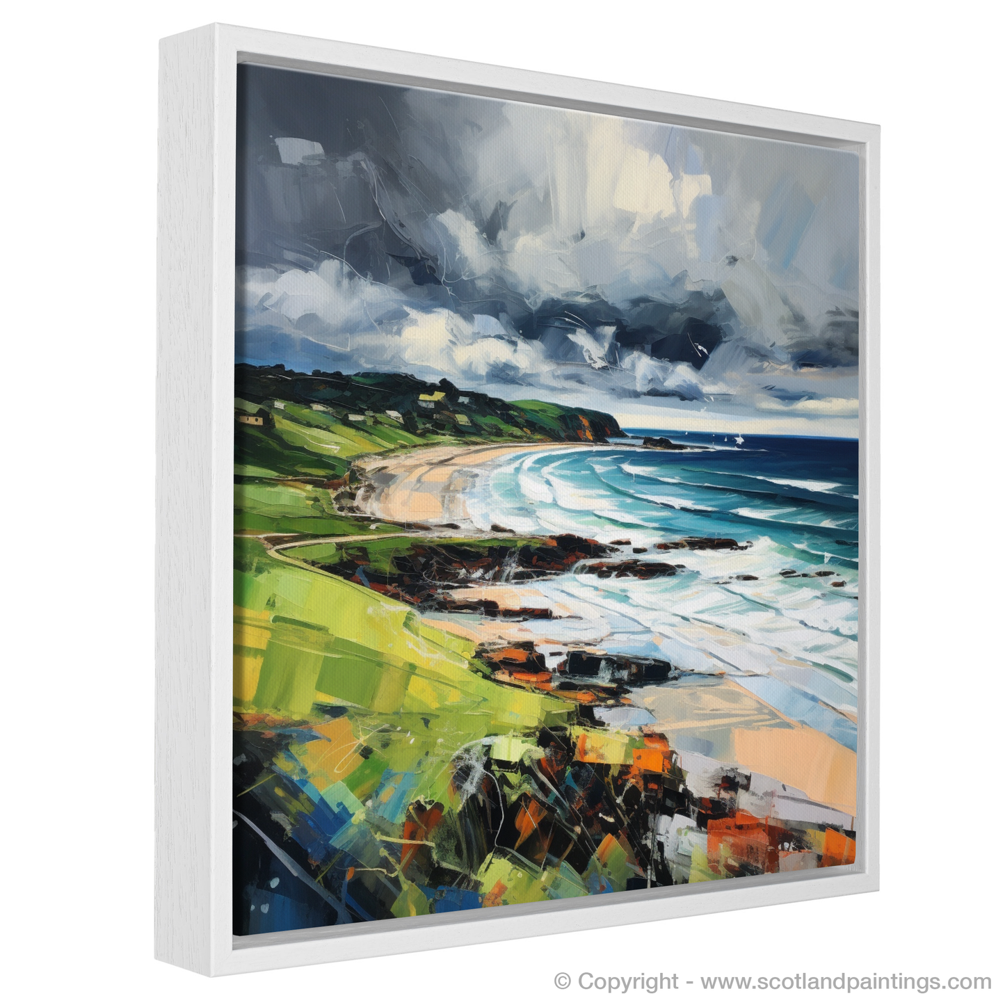 Painting and Art Print of Coldingham Bay with a stormy sky entitled "Storm over Coldingham Bay: An Expressionist Ode to Scottish Shores".