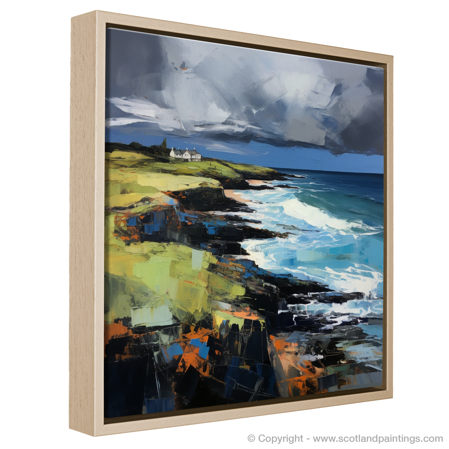 Painting and Art Print of Coldingham Bay with a stormy sky entitled "Storm's Embrace over Coldingham Bay".