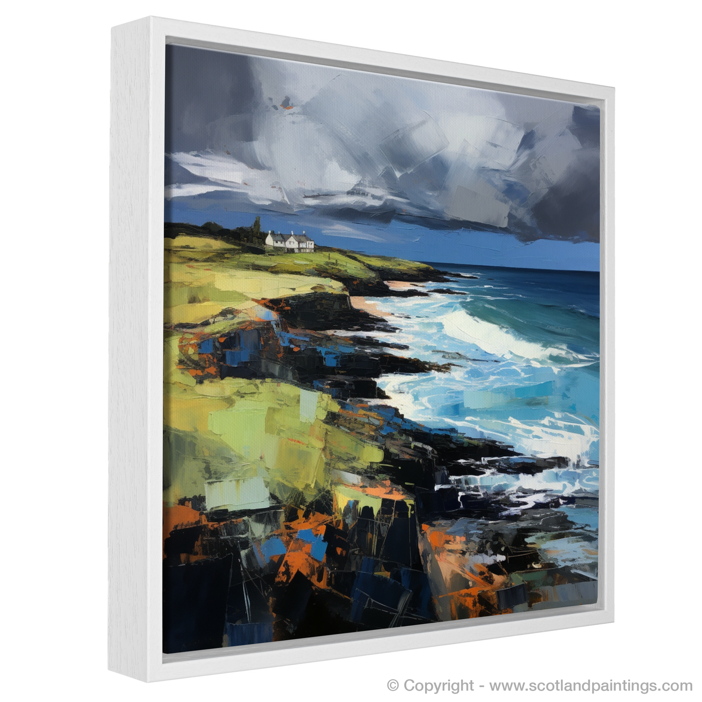 Painting and Art Print of Coldingham Bay with a stormy sky entitled "Storm's Embrace over Coldingham Bay".