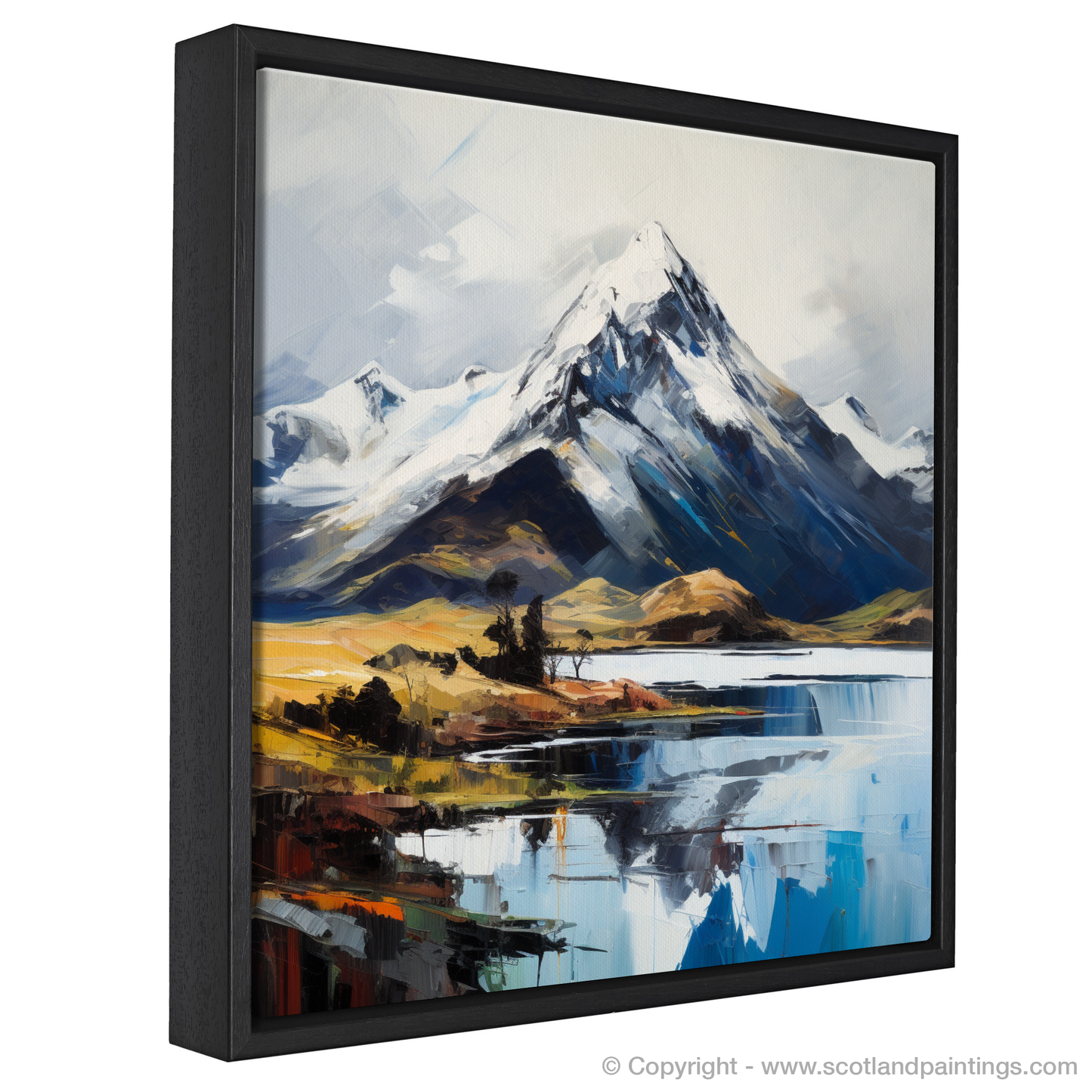 Painting and Art Print of Snow-capped peaks overlooking Loch Lomond entitled "Snow-Capped Majesty: An Expressionist Ode to Loch Lomond".