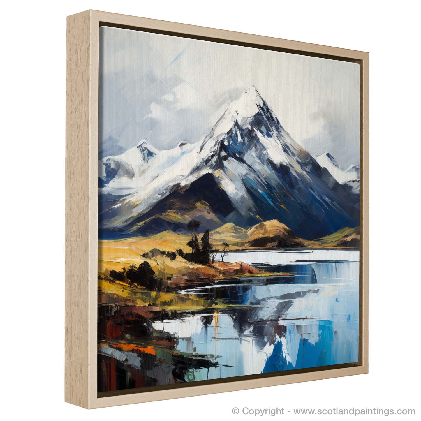 Painting and Art Print of Snow-capped peaks overlooking Loch Lomond entitled "Snow-Capped Majesty: An Expressionist Ode to Loch Lomond".